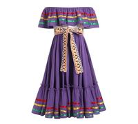 EFOGEP Mexican Dress for Girls Traditional Folk Ruffle Drape Dress with Belt Off Shoulder Cinco De Mayo Folklorico Fiesta Carnival Party Dresses