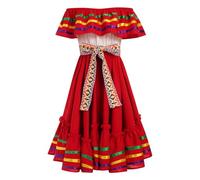 EFOGEP Mexican Dress for Girls: Traditional Folk Ruffle Drape Dress with Belt Off Shoulder Cinco De Mayo Folklorico Fiesta Dress Halloween Costume Carnival Birthday Party Dress Red 9-10 Years