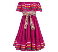 EFOGEP Mexican Dress for Girls Traditional Folk Ruffle Drape Dress with Belt Off Shoulder Cinco De Mayo Folklorico Fiesta Carnival Party Dresses
