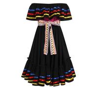 EFOGEP Mexican Dress for Girls Traditional Folk Ruffle Drape Dress with Belt Off Shoulder Cinco De Mayo Folklorico Fiesta Carnival Party Dresses