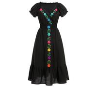 EFOGEP Mexican Dress for Women Spring Summer Traditional Fiesta Dress Short Sleeve V Neck Floral Embroidery Ruffle Dress Cinco De Mayo Costume Ethnic Wear Boho Casual Beach Dress Black S