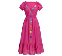 EFOGEP Mexican Dress for Women Spring Summer Traditional Fiesta Dress Short Sleeve V Neck Floral Embroidery Ruffle Dress Cinco De Mayo Costume Ethnic Wear Boho Casual Beach Dress Hot Pink M