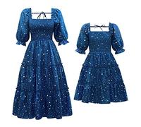 EFOGEP Mommy and Me Matching Dresses: Floral Printed Ruffled Lantern Sleeves A-Line Long Flowy Dress Casual Beach Holiday Wedding Birthday Party Mom Daughter Matching Outfits Blue Stars S
