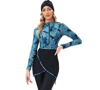 EFOGEP Muslim Swimming Costume Women 3PCS: Burkini Modest Swimwear Long Sleeve Floral Full Cover Swimsuit Built-in Bra Top+Hijab+Pants Islamic Arabic Bathing Suit Surfing Beachwear Blue & Black 2XL