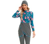 EFOGEP Muslim Swimming Costume Women 3PCS: Burkini Modest Swimwear Long Sleeve Floral Full Cover Swimsuit Built-in Bra Top+Hijab+Pants Islamic Arabic Bathing Suit Surfing Beachwear Blue & Flower L