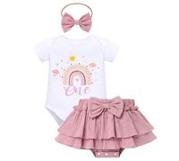 EFOGEP One Year Old Birthday Ourfit for Baby Girl: Newborn Rainbow Print Romper + Double Layer Ruffle Skirt + Bowknot Headband 3PCS Set Cake Smash Photo Shoot Clothes Dusty Pink 9-12 Months