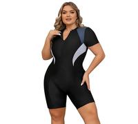 EFOGEP Plus Size Swimwear for Women: Ladies Swimming Costume Long Sleeve Zip Up Rash Guard High Stretchy Boyleg One Piece Swimsuit Surfing Modest Bathing Suit with Chest Pads Color Block 4XL