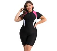 EFOGEP Plus Size Swimwear for Women: Ladies Swimming Costume Long Sleeve Zip Up Rash Guard High Stretchy Boyleg One Piece Swimsuit Surfing Modest Bathing Suit with Chest Pads Color Block Pink 4XL