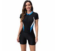 EFOGEP Swimming Costume with Shorts: Women's One-Piece Swimsuit Short Sleeve Zipper Boyleg Rash Guard with Tropical Floral Print UPF 50+ Surfing Bathing Modest Swimwear Beachwear Black & Blue M