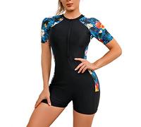 EFOGEP Swimming Costume with Shorts: Women's One-Piece Swimsuit Short Sleeve Zipper Boyleg Rash Guard with Tropical Floral Print UPF 50+ Surfing Bathing Modest Swimwear Beachwear Blue Red Flower M