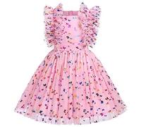EFOGEP Toddler Baby Girl Birthday Party Dress: Princess Summer Flutter Sleeve Sequins Polka Dot Tulle Tutu Dresses A-line Wedding Guest Pageant Cake Smash Photo Shoot Outfit Pink Butterfly 5-6 Years