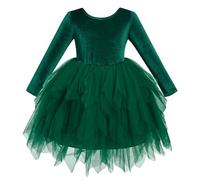 EFOGEP Toddler Baby Girl Velvet Dress: Infant Princess Long Sleeve Asymmetric Tulle Tutu Dress with Bowknot Formal Christmas Festival Pageant Birthday Wedding Fall Winter Clothes Green 5-6 Years