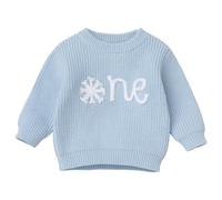 EFOGEP Toddler Baby Girls Boys First Birthday Outfit Long Sleeve Boho Embroidery One Year Old Sweater Top Warm Knitted Pullover Sweatshirt Cake Smash Photo Short Fall Winter Clothes Blue & One 1 Year