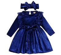 EFOGEP Toddler Baby Girls Velvet Dress: Princess Long Sleeve Lace Ruffle Velvet Dress with Bowknot Headband 2PCS Birthday Party Wedding Pageant Christmas Winter Fall Ball Gown Royal Blue 2-3 Years