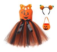 EFOGEP Toddler Girls Halloween Pumpkin Costume: Kids Princess Ruffle Tulle Tutu Dress Holiday Pumpkin Themed Party Cosplay Christmas Dress Up Outfit with Headband and Bag 3PCS Black Orange 4-5 Years