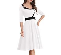 EFOGEP Women 1950s Vintage Dresses: 3/4 Sleeve Sweetheart Neckline Audrey Hepburn Style Swing Midi Dress Stripe Print Cocktail Dress Retro 50s 60s Wedding Formal Evening Prom White S