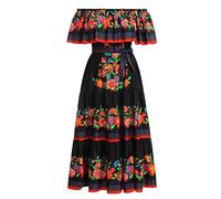 EFOGEP Women Mexican Dress Summer Boho Floral Printed Drape Off Shoulder Fancy Traditional Fiesta Dresses Bohemian Long Maxi Dresses for Casual Wedding Beach Party with Belt Black & Red L