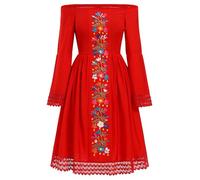 EFOGEP Women Mexican Dress: Traditional Folk Dress Boho Lace Long Bell Sleeve Off-Shoulder Drape Dress Casual Floral Embroidery Ruffle Smocked Dress Wedding Party Cinco de Mayo Dress Red L