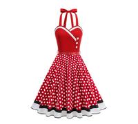 EFOGEP Women Vintage Rockabilly Swing Dress 50s Halterneck Polka Dot Floral A-Line Dresses Cocktail Party Formal Evening Dress with Belt Red 14