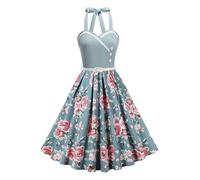 EFOGEP Women Vintage Rockabilly Swing Dress 50s Halterneck Polka Dot Floral A-Line Dresses Cocktail Party Formal Evening Dress with Belt Green 8