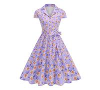 EFOGEP Womens 1950s Vintage Dress Short Sleeve Floral A Line Swing Rockabilly Midi Dresses Cocktail Party Evening Prom Gown with Belt Purple XL