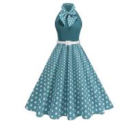 EFOGEP Womens 1950s Vintage Polka Dots Rockabilly Swing Dress Hepburn Style Halterneck Bow 50s Retro A-Line Midi Dresses Cocktail Party Formal Evening Prom Dress Lake Blue 16