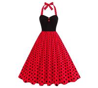 EFOGEP Women's 1950s Vintage Polka Dots Tee Dress Halterneck A-Line Rockabilly Style Swing Midi Dresses Wedding Guest Cocktail Party Prom Flowy Retro Evening Dress, Bright red, XXL