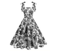 EFOGEP Womens 1950s Vintage Rockabilly Swing Dress Hepburn Style Spaghetti Strap Floral A-Line Midi Dresses 50s Retro Tea Parties Cocktail Evening Casual Summer Dress Black XL