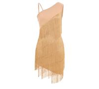 EFOGEP Womens Asymmetric One Shoulder Rhinestones Fringe Latin Dance Dress 1920s Sequins Tassel Flapper Dresses Salsa Cha-Cha Ballroom Dance Costume Gold S