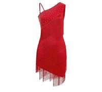 EFOGEP Womens Asymmetric One Shoulder Rhinestones Fringe Latin Dance Dress 1920s Sequins Tassel Flapper Dresses Salsa Cha-Cha Ballroom Dance Costume Red XL