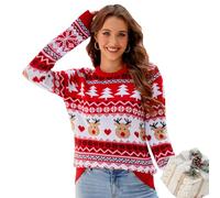 EFOGEP Women's Christmas Sweater: Ladies Xmas Jumper Traditional Reindeer Ugly Sweater Chunky Pullover Long Sleeve Round Neck Knitted Casual Holiday Party Knitwear Warm Winter Tops Red White XXL