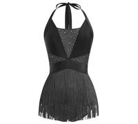 EFOGEP Womens Latin Dance Costume Sequins Fringe Bodysuit Sparkly Tassel Dance Leotard Halter Neck Latin Tangos Salsa Jazz Acrobat Outfits Black L