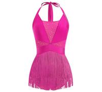 EFOGEP Womens Latin Dance Costume Sequins Fringe Bodysuit Sparkly Tassel Dance Leotard Halter Neck Latin Tangos Salsa Jazz Acrobat Outfits Hot Pink L
