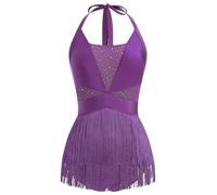 EFOGEP Womens Latin Dance Costume Sequins Fringe Bodysuit Sparkly Tassel Dance Leotard Halter Neck Latin Tangos Salsa Jazz Acrobat Outfits Purple XL