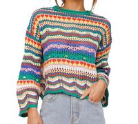 EFOGEP Women's Long Sleeve Pullover Rainbow Knitted Pullover Crew Neck Crochet Lightweight Y2K Loose Casual Striped Tops Autumn Hollow Out Pullover, Green, L