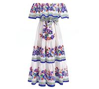 EFOGEP Women's Mexican Boho Floral Printed Drape Off Shoulder Fancy Traditional Fiesta Dress - White & Blue, 2XL