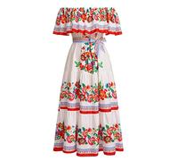 EFOGEP Women's Mexican Boho Floral Printed Drape Off Shoulder Fancy Traditional Fiesta Maxi Casual Wedding Beach Party Dress with Belt - White & Red, 3XL