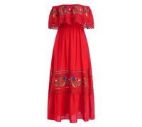 EFOGEP Women's Mexican Boho Floral Printed Drape Off Shoulder Fancy Traditional Fiesta Maxi Casual Wedding Beach Party Dress with Belt Red XL