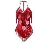 EFOGEP Women's Music Festival Bodysuit: Sexy Halter V Neck Star Sequins Fringe Carnival Rave Outfit Dance Leotard Party Nightclub Halloween Costume Red M