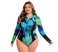 EFOGEP Womens Plus Size Printed Long Sleeve One Piece Swimsuit, Polyester Tummy Control Swimming Costume, Swimwear for Beach Pool, UK Sizes 01 Green 4XL