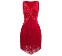 EFOGEP Women's Salsa Latin Dance Dress, Vintage 1920s Sleeveless Rhinestone Layered Fringed Dress, Gatsby Cocktail Ballroom Tangos ChaCha Rumba Flapper Cami Dress, red, XL