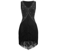 EFOGEP Women's Salsa Latin Dance Dress Vintage 1920s Sleeveless Rhinestone Layers Fringe Dresses Gatsby Cocktail Ballroom Tangos ChaCha Rumba Flapper Cami Dress, black, L