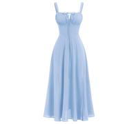 EFOGEP Women's Summer Midi Dress, Corset Dress with Square Neck, Sleeveless Spaghetti Strap Flowy Slit Sundress, Boho Holiday Beach Dress for Wedding Guest Party Blue L
