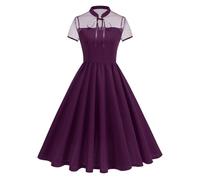 EFOGEP Women's Vintage Gothic Spliced Polka Dot Mesh Dress Short Sleeve Audrey Retro Rockabilly Prom Dresses Cocktail Party 50's 60's A-Line Swing Midi Dress Purple L