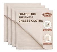 eFond 4-Pack Cheese Cloths for Straining, 50x50cm Squares with Hemmed Edges, Grade 100 Ultra Fine Reusable Muslin Cloths, Unbleached Cotton Cheesecloth for Nut Milk, Butter, Baking & Cooking