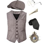 EFORLED Halloween 1920s Mens Costume Accessories Set,Great Gatsby Clothing,Roaring 20s Pocket Watch,Mafia Mobster Hat, Set1-coffee, Medium