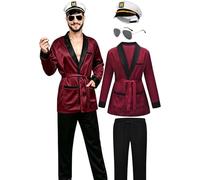 EFORLED Hugh Hefner Costume Playboy Red Robe Silk Pants Hue Hefner Captain's Hat and Whistle Halloween Costumes Accessories for Men Large