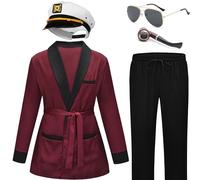 EFORLED Red Silk Robe Jacket and Black Pants,Captain Hat,Halloween Costume Accessories for Adult, Red, X-Large