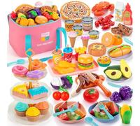 EFOSHM 68-Pcs Play Kitchen, Mud Kitchen with Storage Bag, Dessert Stand, Cuttable Plastic Play Food including Pizza, Fruit and Vegetable, Kids Toys for 3 4 5 6 7 Year Old Girls and Boys