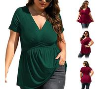 EFRANO Women's Plus Size Short Sleeve Tops, Solid Wrap V Neck Ruffle Hem Blouse Shirts, Tunic Tops for Women (D,4XL)